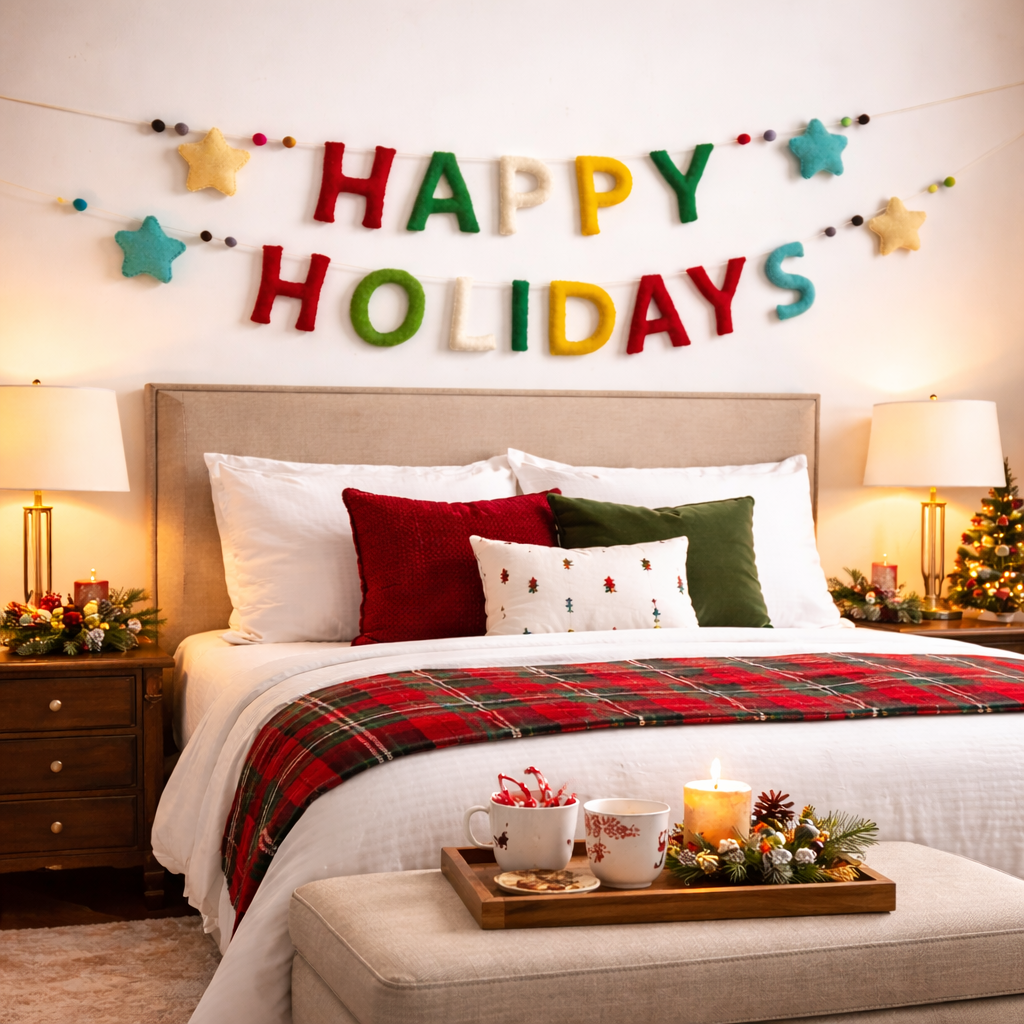 Decorated bedroom with 'Happy Holidays' sign above bed, Christmas lights, and festive pillows.