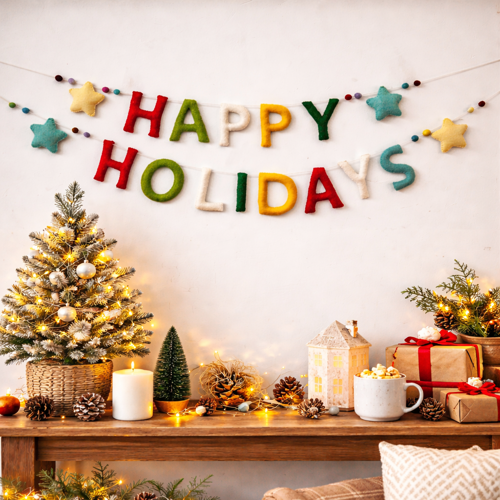 Decorative setup with 'Happy Holidays' sign, Christmas tree, and gift boxes on a wooden table.