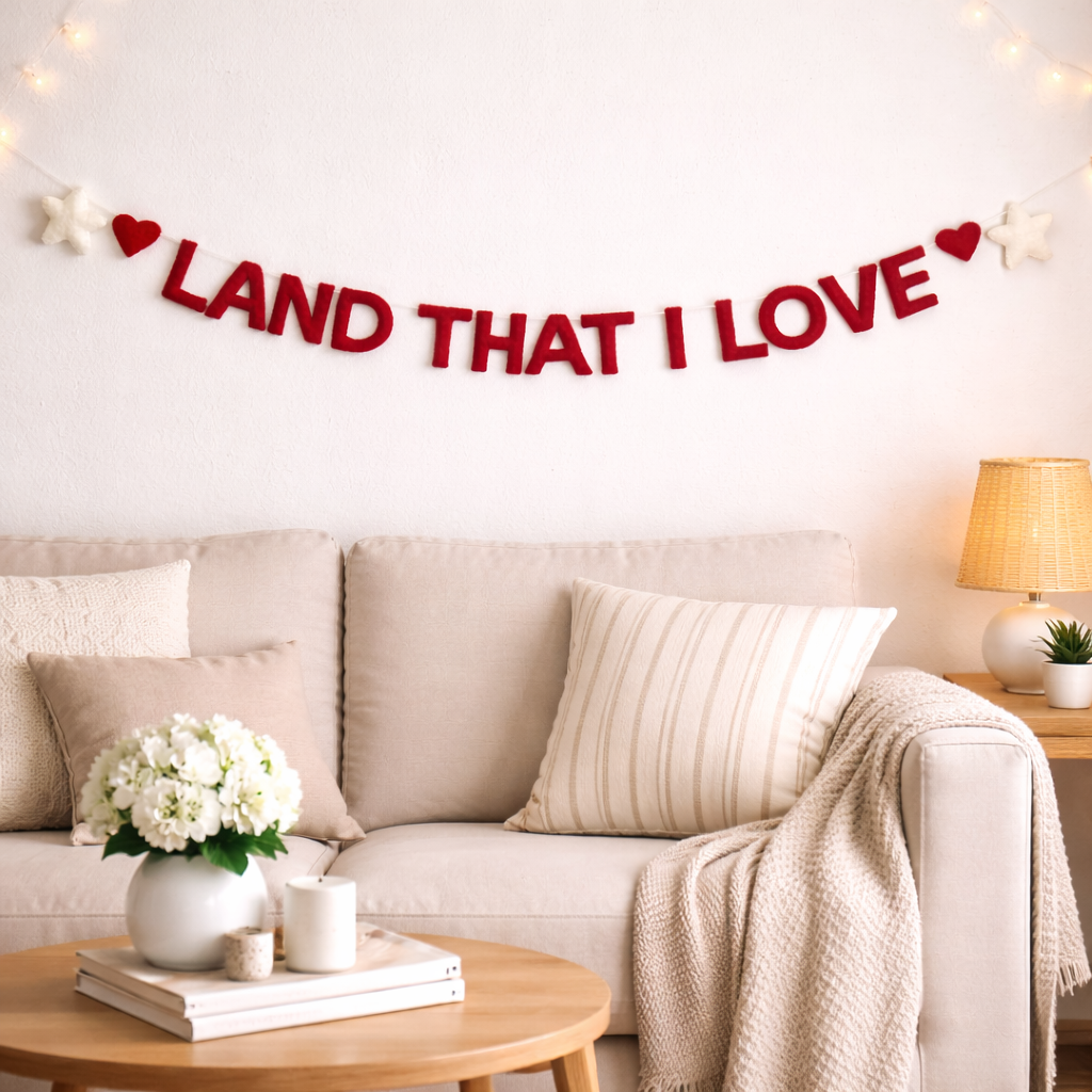 Living room with a beige sofa, wooden coffee table, and 'LAND THAT I LOVE' banner on the wall.