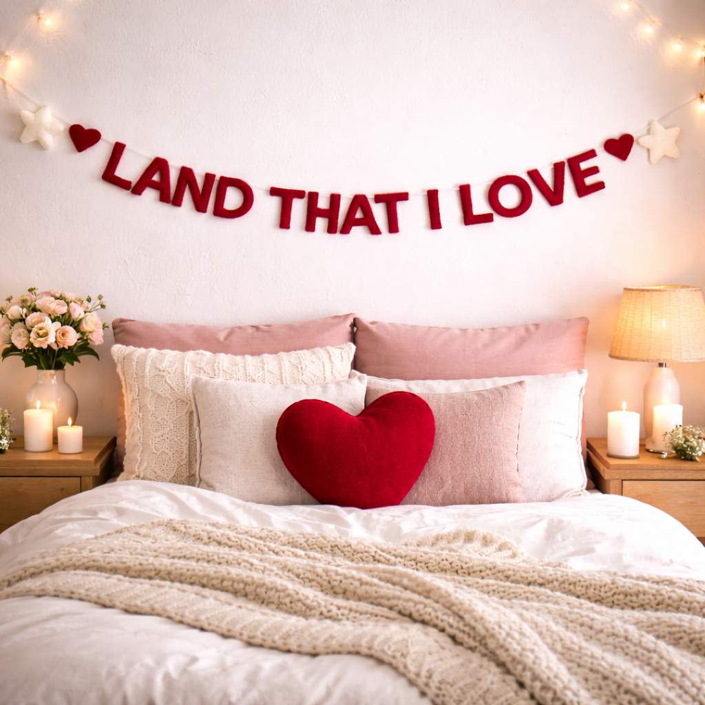 Decorative bedroom with 'LAND THAT I LOVE' banner, heart-shaped pillow, and candles.