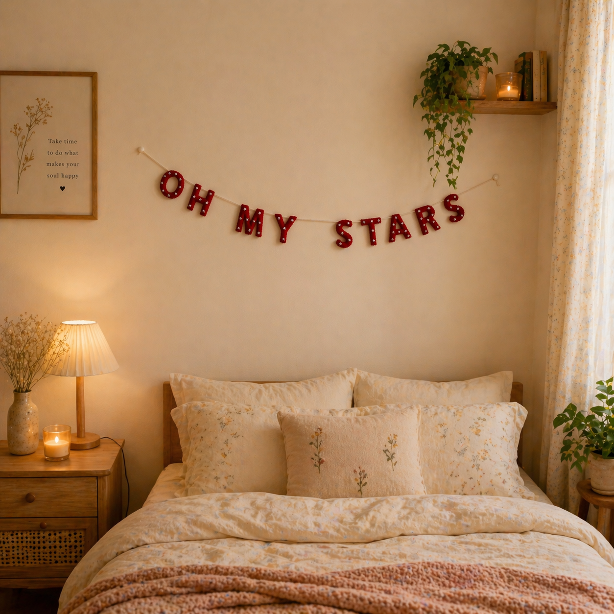 Decorative bedroom with 'OH MY STARS' banner, bed with floral pillows, and nightstand with lamp.
