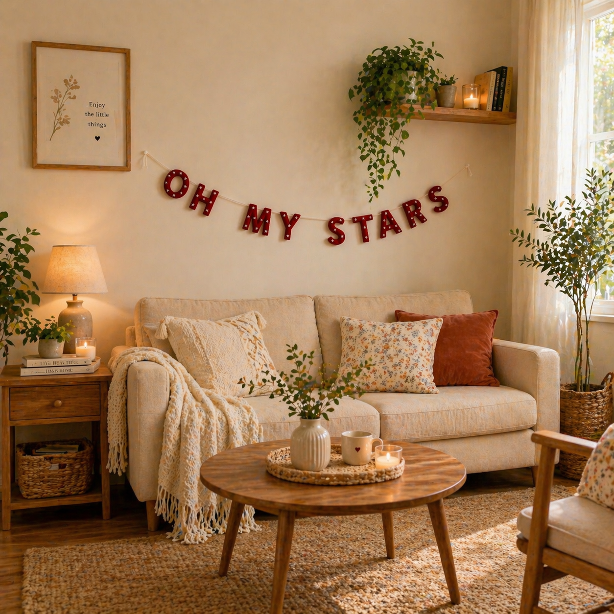 Cozy living room with a beige sofa, wooden coffee table, and decorative elements.
