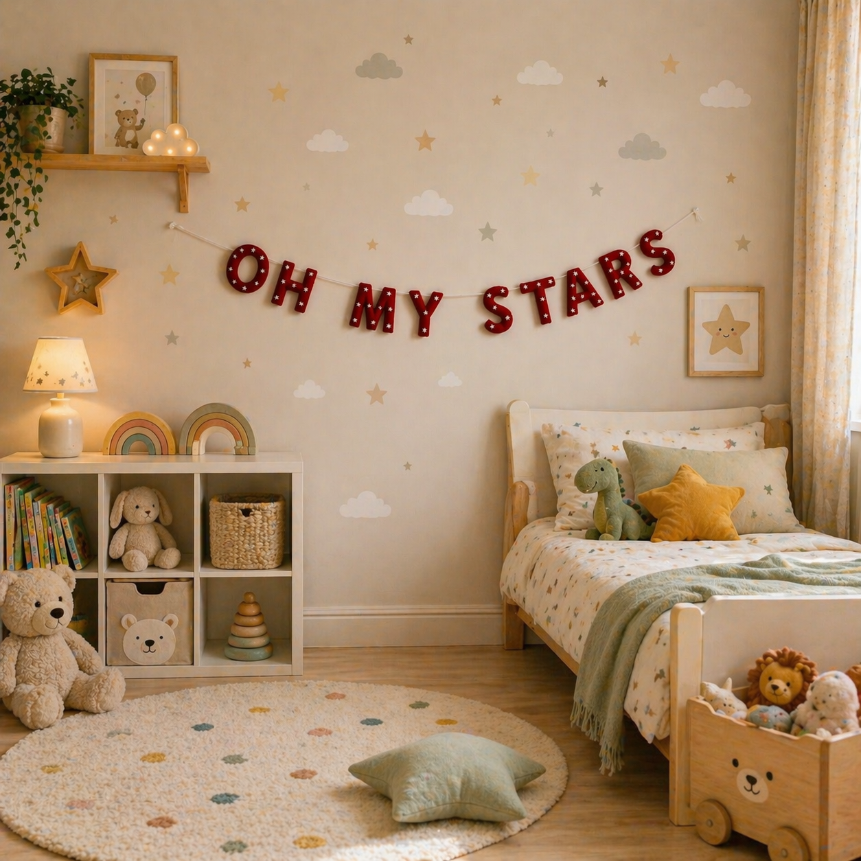 Children's bedroom with 'Oh My Stars' banner, teddy bear, and toys.