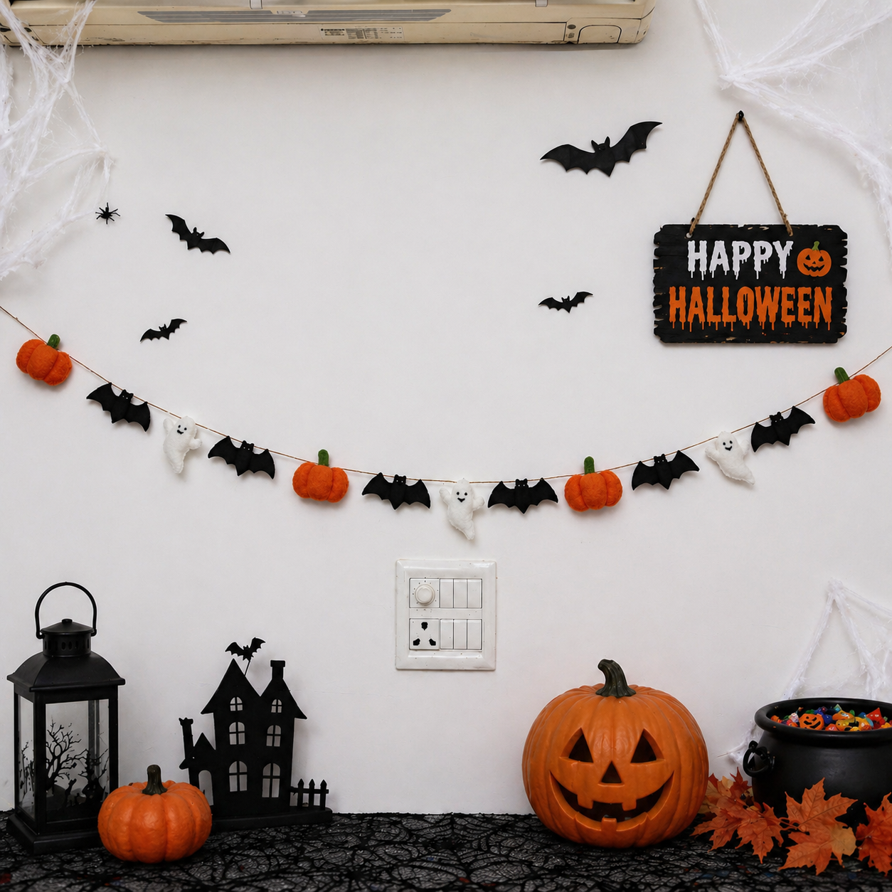 Halloween-themed decorations including pumpkins, bats, ghosts, and a 'Happy Halloween' sign on a white wall.