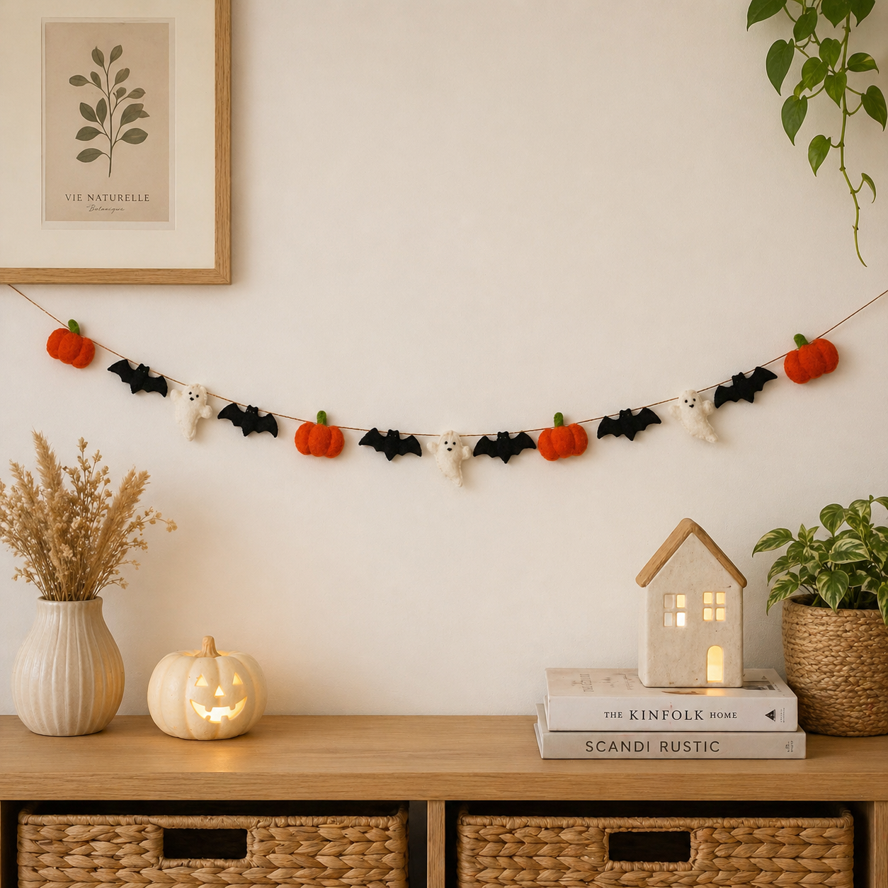 Halloween-themed decorative string with pumpkins, bats, and ghosts on a wall above a wooden shelf with decor items.