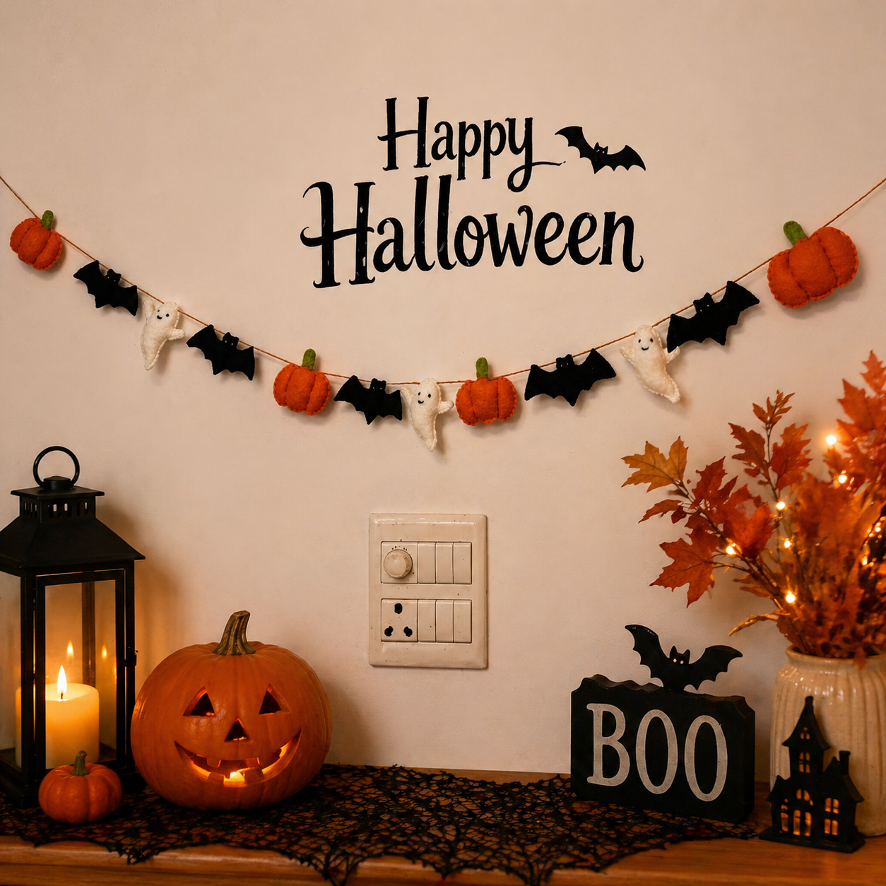 Halloween-themed decorations including pumpkins, ghosts, bats, and a 'Happy Halloween' banner on a wall.