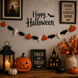 Halloween-themed decorations including pumpkins, lanterns, and signs on a wall.