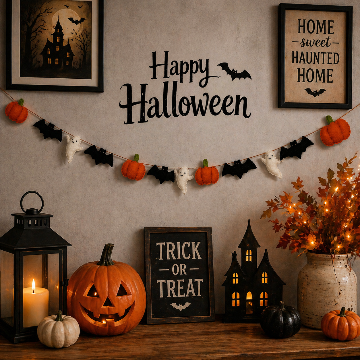 Halloween-themed decorations including pumpkins, lanterns, and signs on a wall.