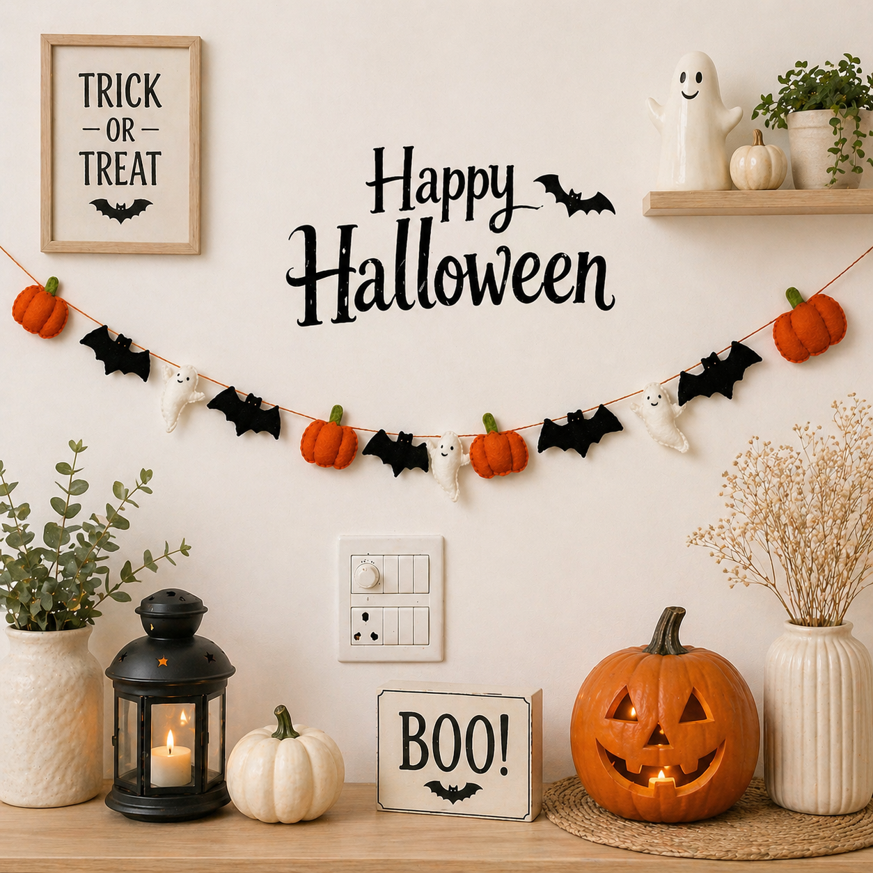 Halloween-themed decorations including pumpkins, a lantern, and 'Happy Halloween' banner on a wall.