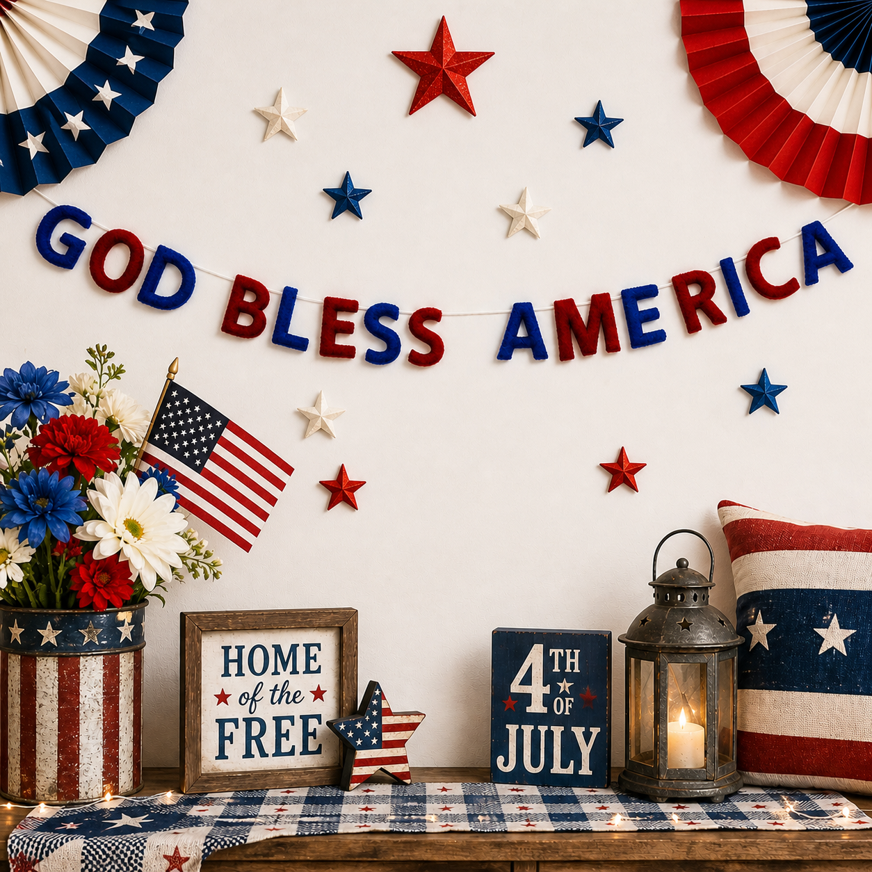 Decorative setup with 'GOD BLESS AMERICA' banner, American flags, and patriotic elements on a wall.