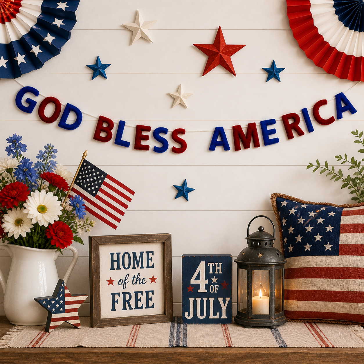 Decorative setup with 'God Bless America' banner, American flags, and 'Home of the Free' sign on a wooden surface.