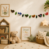 Handmade Wool Felt Bird Garland – Colorful Nursery Wall Hanging with Leaves | Baby Room Decor & Kids Room Banner