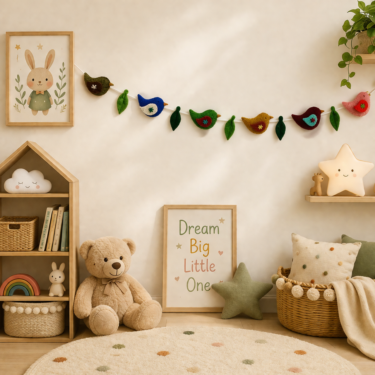 Handmade Wool Felt Bird Garland – Colorful Nursery Wall Hanging with Leaves | Baby Room Decor & Kids Room Banner