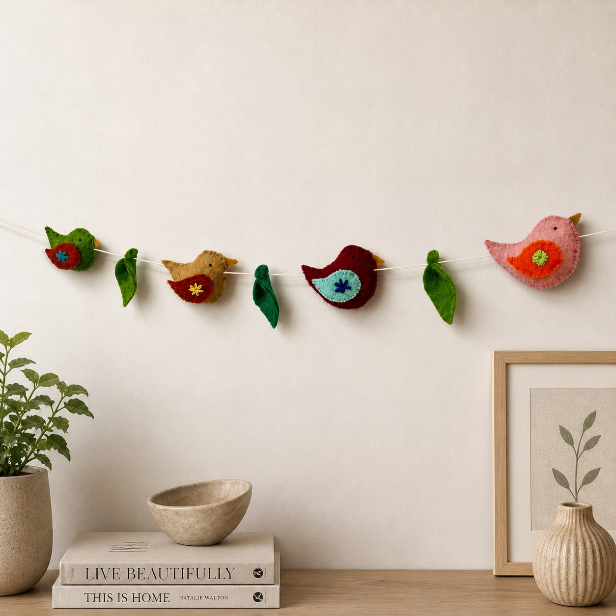 Handmade Wool Felt Bird Garland – Colorful Nursery Wall Hanging with Leaves | Baby Room Decor & Kids Room Banner