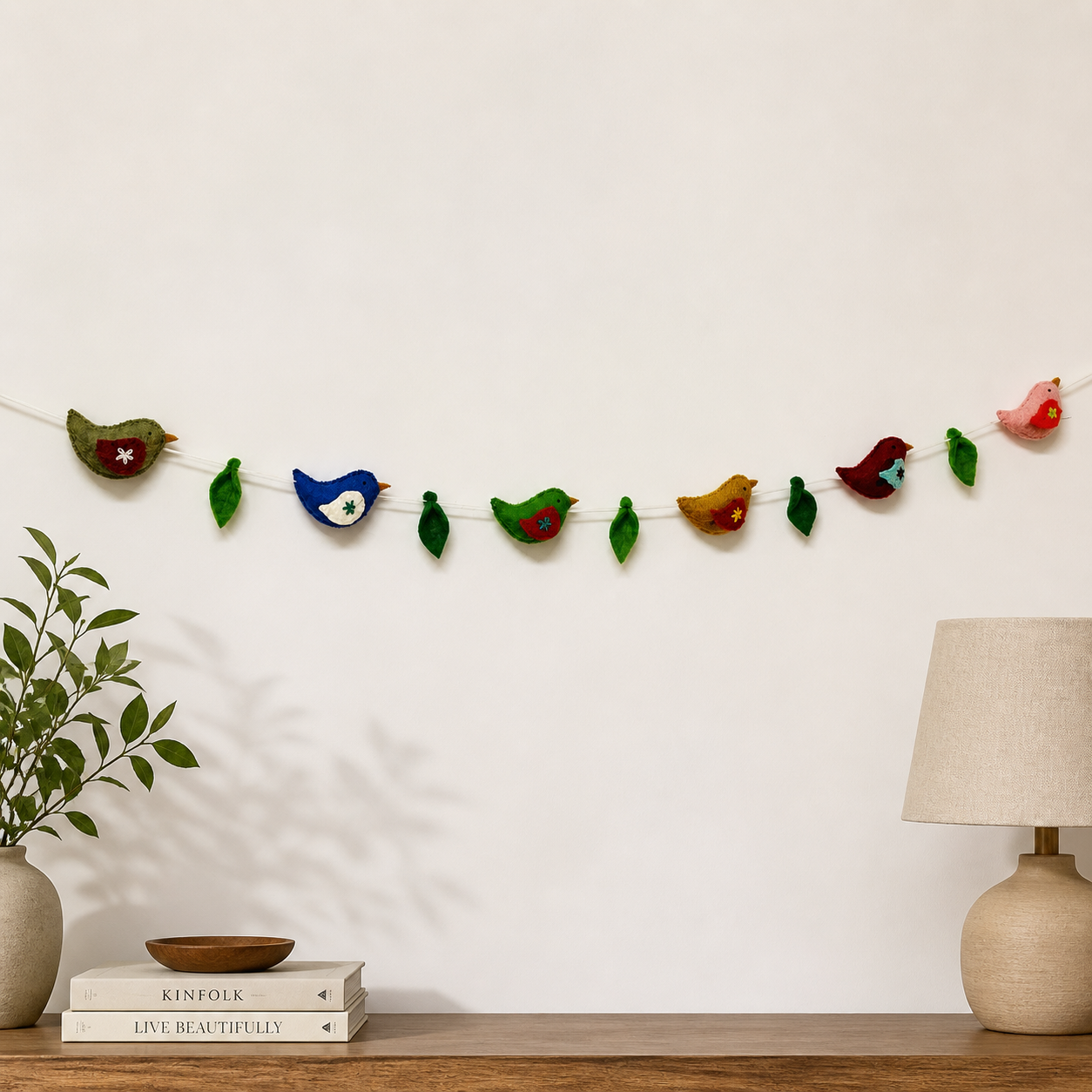 Handmade Wool Felt Bird Garland – Colorful Nursery Wall Hanging with Leaves | Baby Room Decor & Kids Room Banner