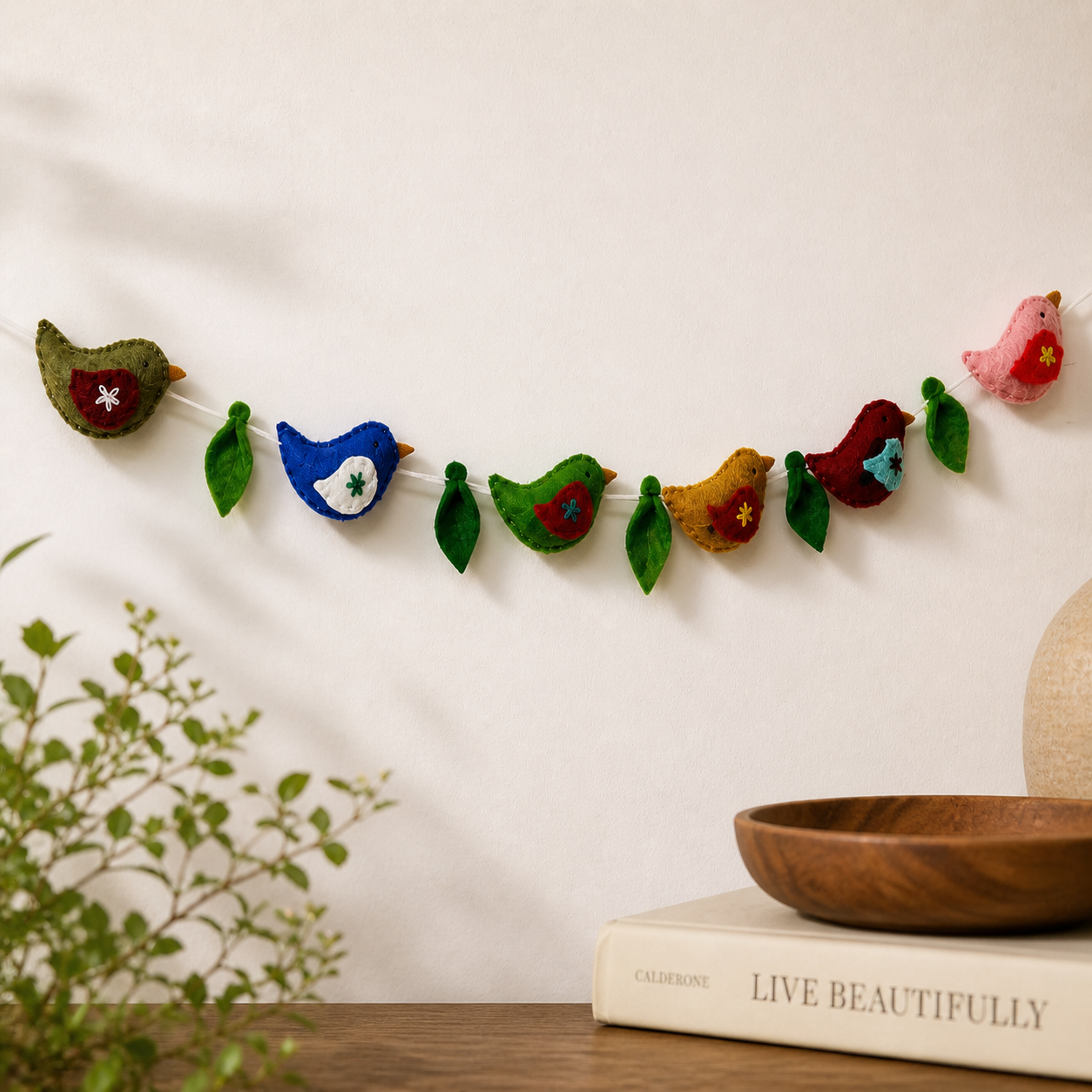 Handmade Wool Felt Bird Garland – Colorful Nursery Wall Hanging with Leaves | Baby Room Decor & Kids Room Banner