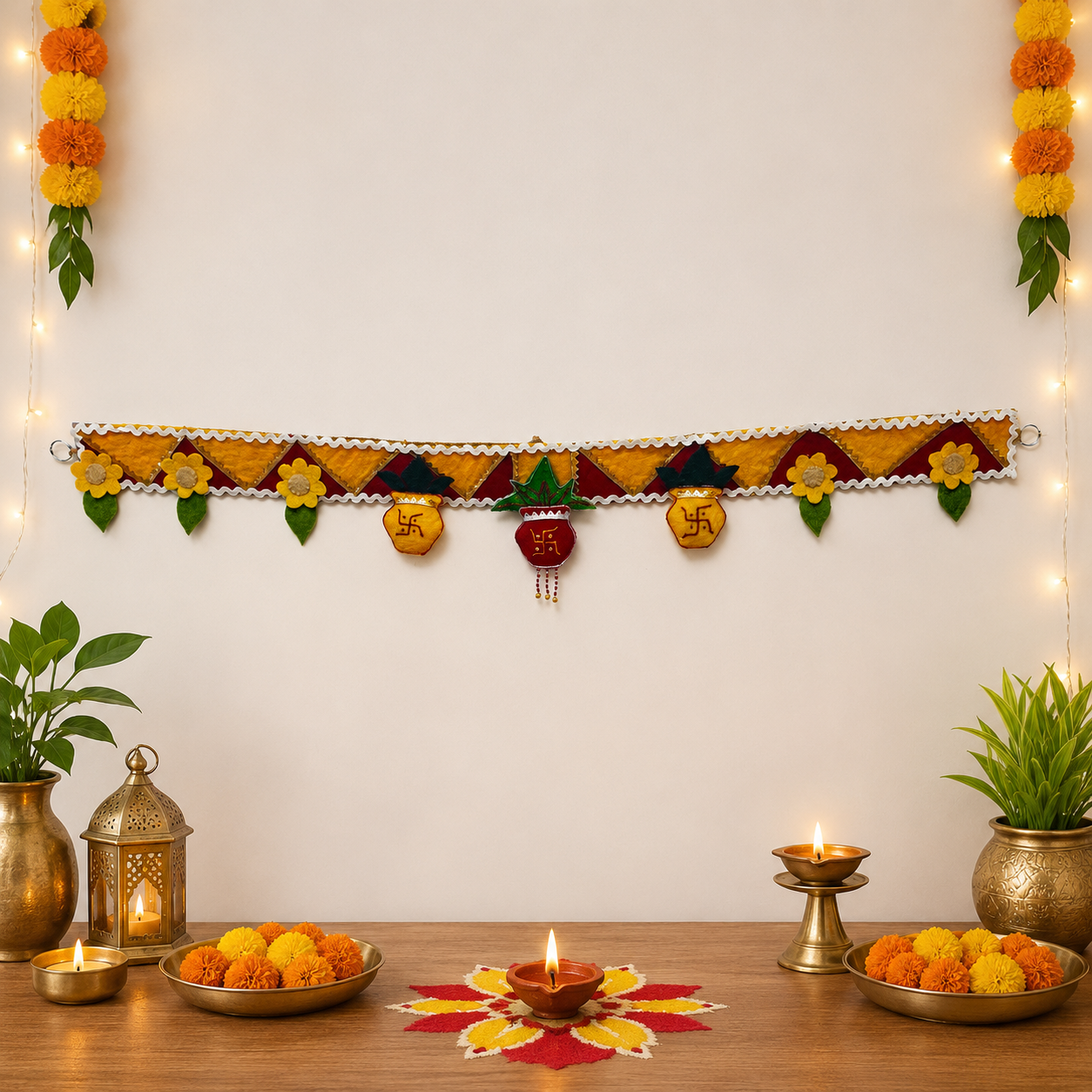 Decorative setup with marigold flowers, candles, and a garland on a white wall.