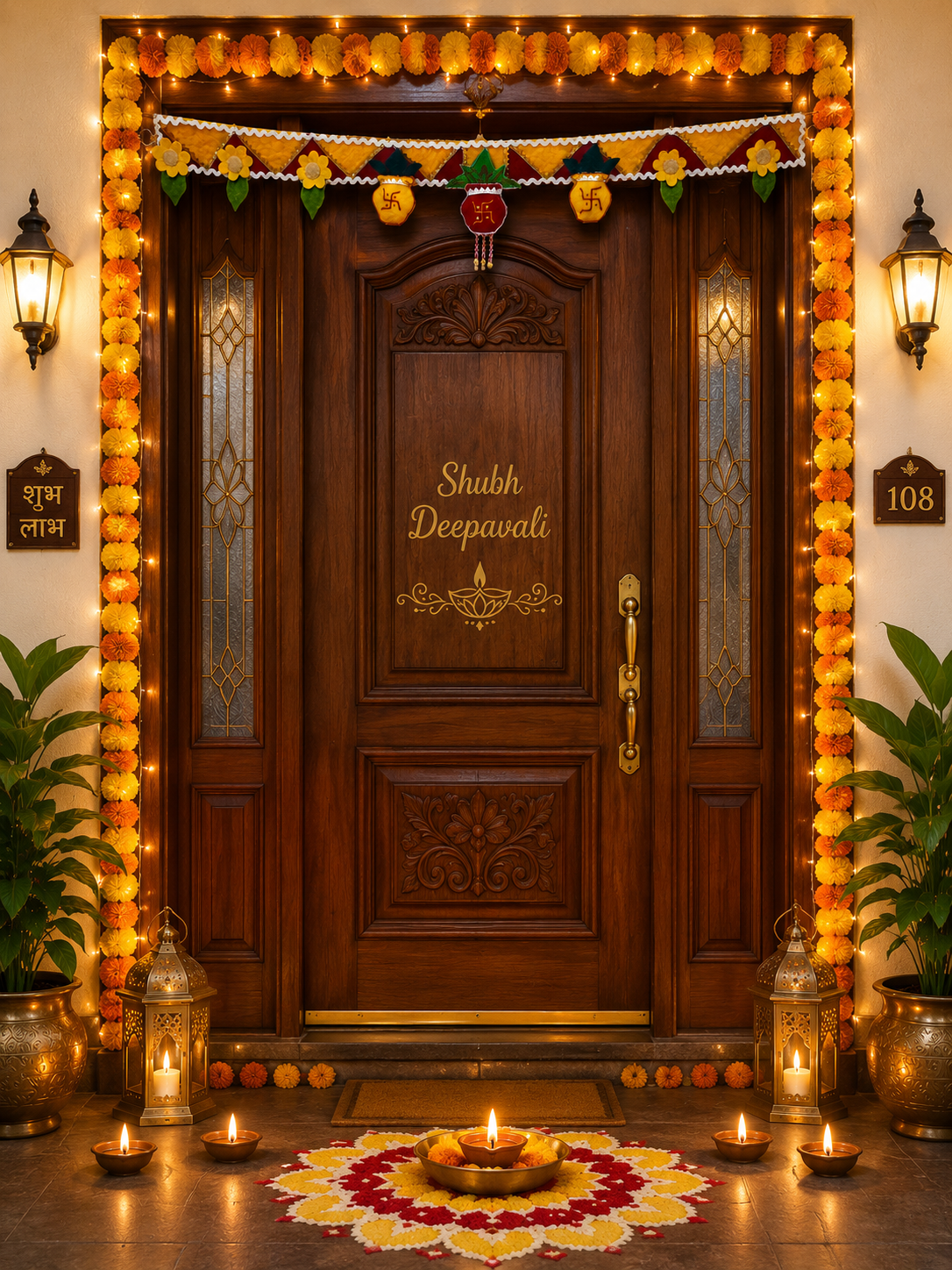 Decorated entrance with 'Shubh Deepavali' on a wooden door, surrounded by lights and plants.