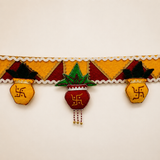 Decorative border with geometric patterns and symbols on a beige background