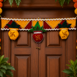 Decorative garland with pots and leaves on a wooden door