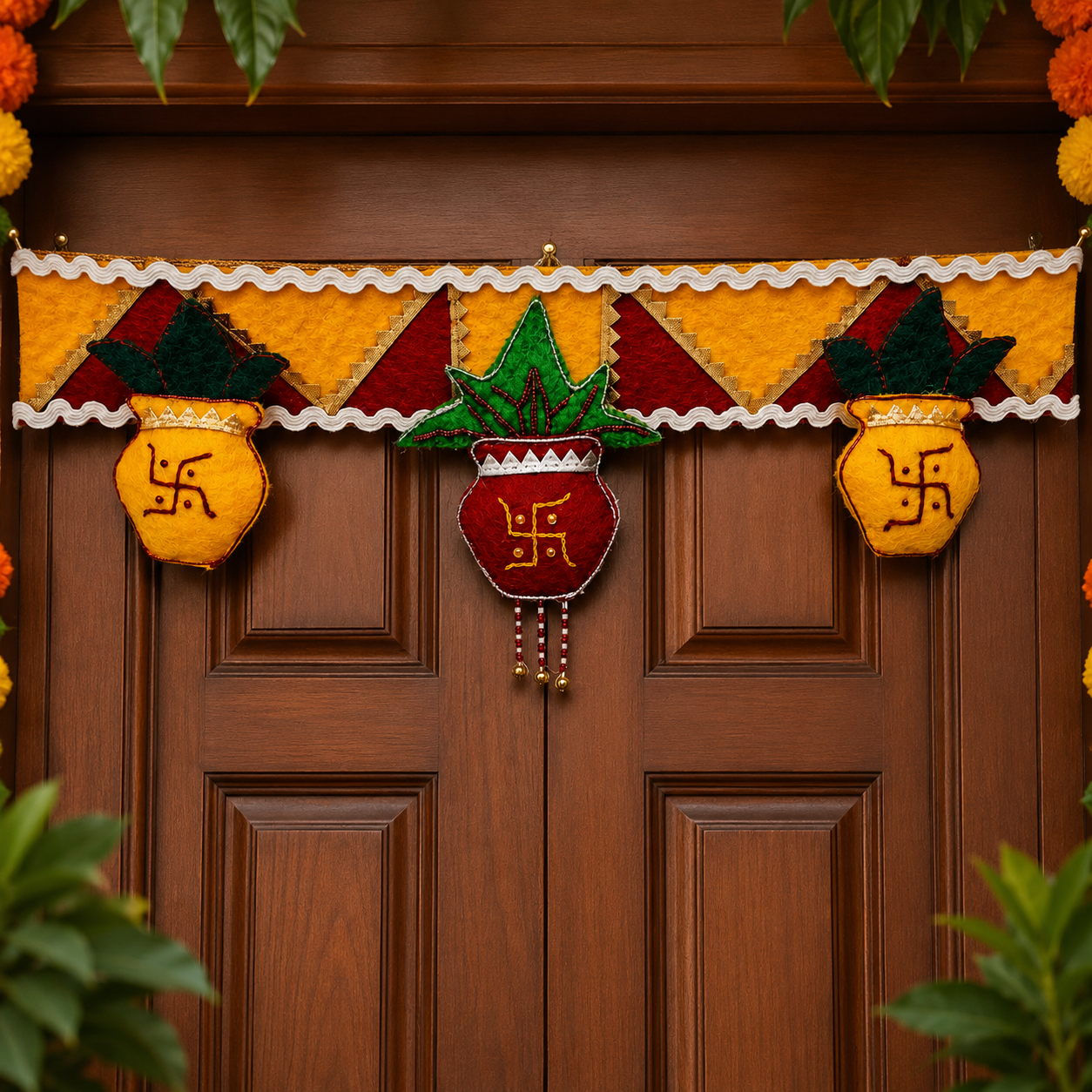 Decorative garland with pots and leaves on a wooden door