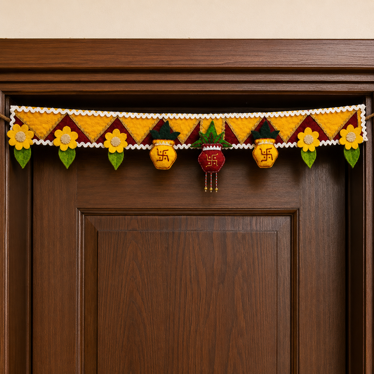 Decorative garland with flowers and patterns on a wooden door