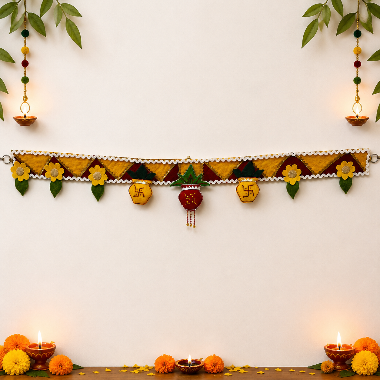 Decorative garland with flowers and swastikas on a white wall with candles and marigold flowers.