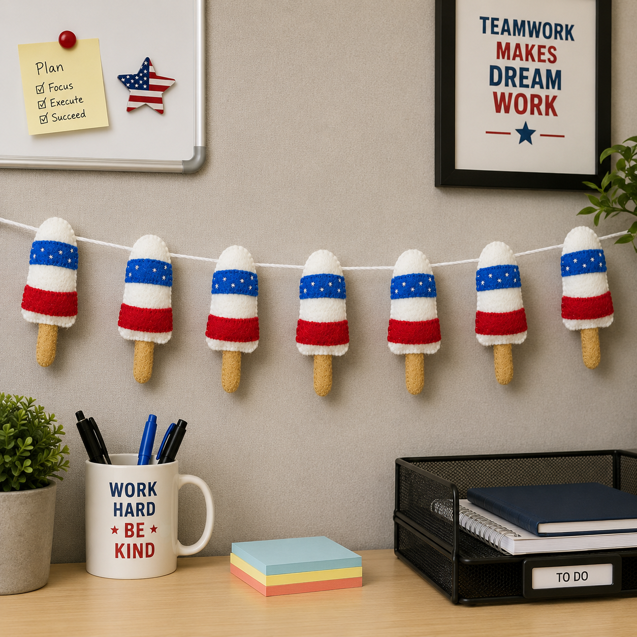 Decorative popsicle garland with American flag colors on a wall above a desk with office supplies.