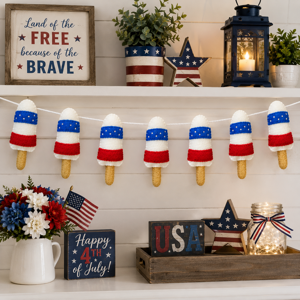 Decorative display with American flag-themed items on a shelf, including candles, flowers, and signs.