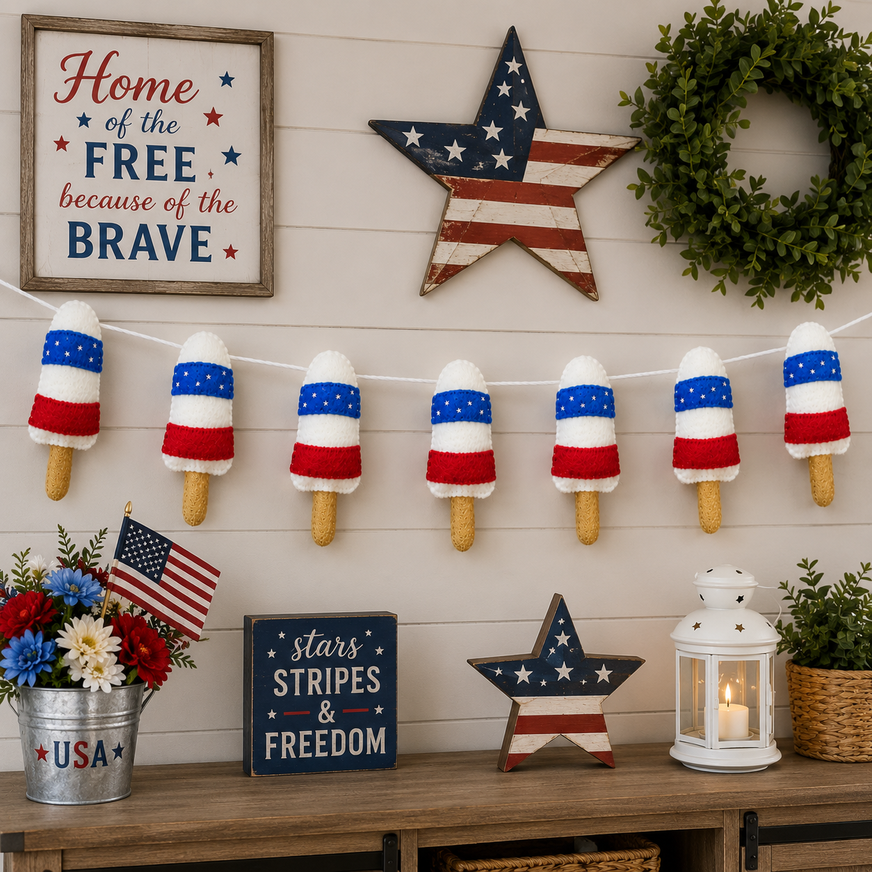 Decorative setup with American flag-themed decor items on a wooden shelf.