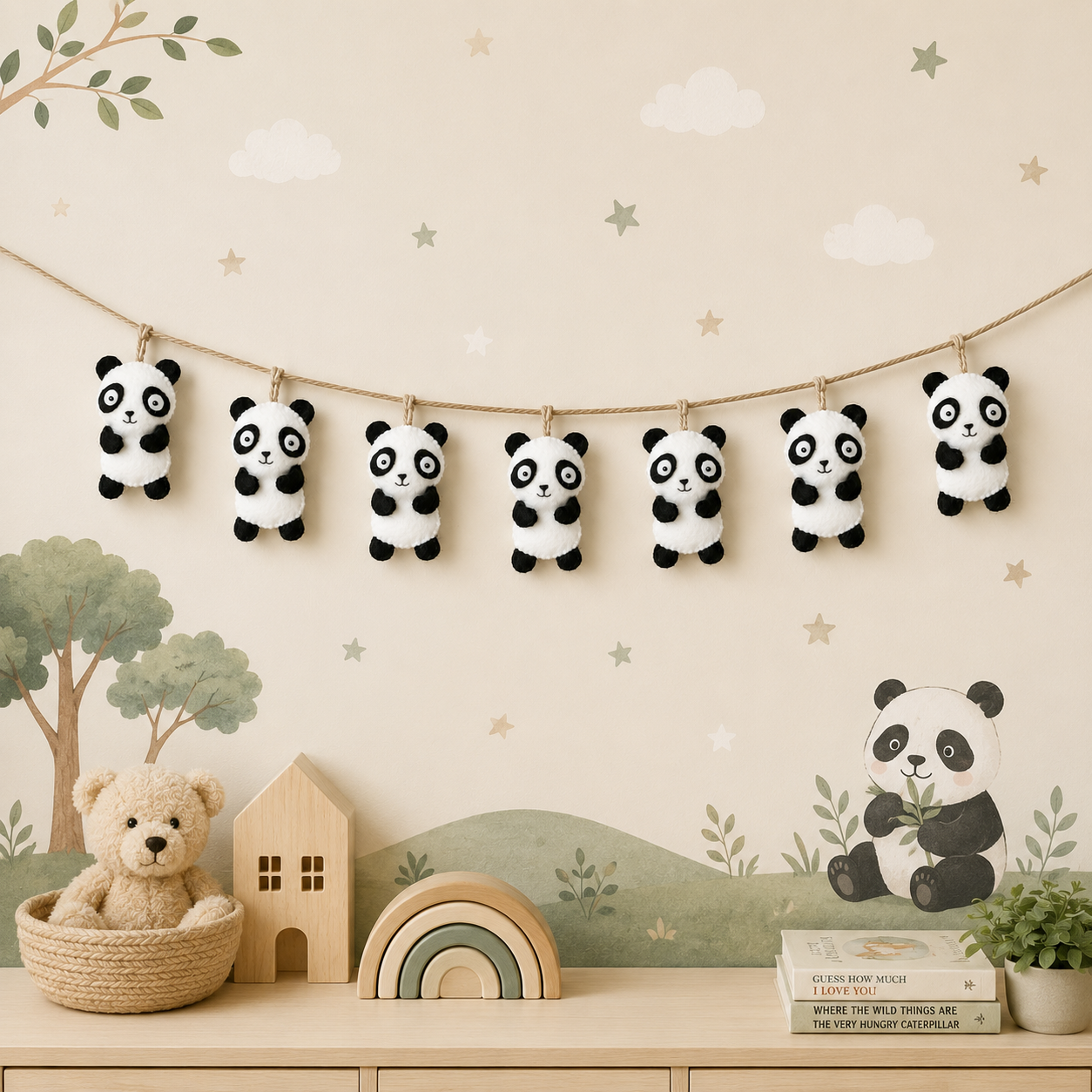 Panda-themed decorations hanging on a string with a teddy bear and wooden toys below.