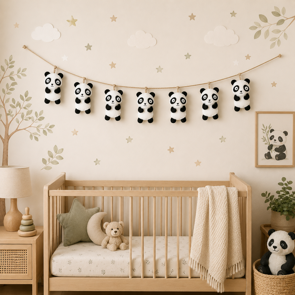 Nursery room with wooden crib, panda decorations, and wall art.
