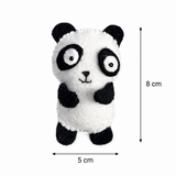 Small plush panda toy with dimensions on a white background