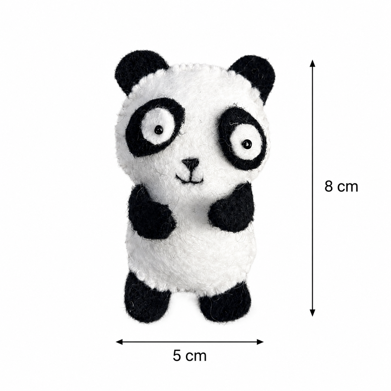 Small plush panda toy with dimensions on a white background