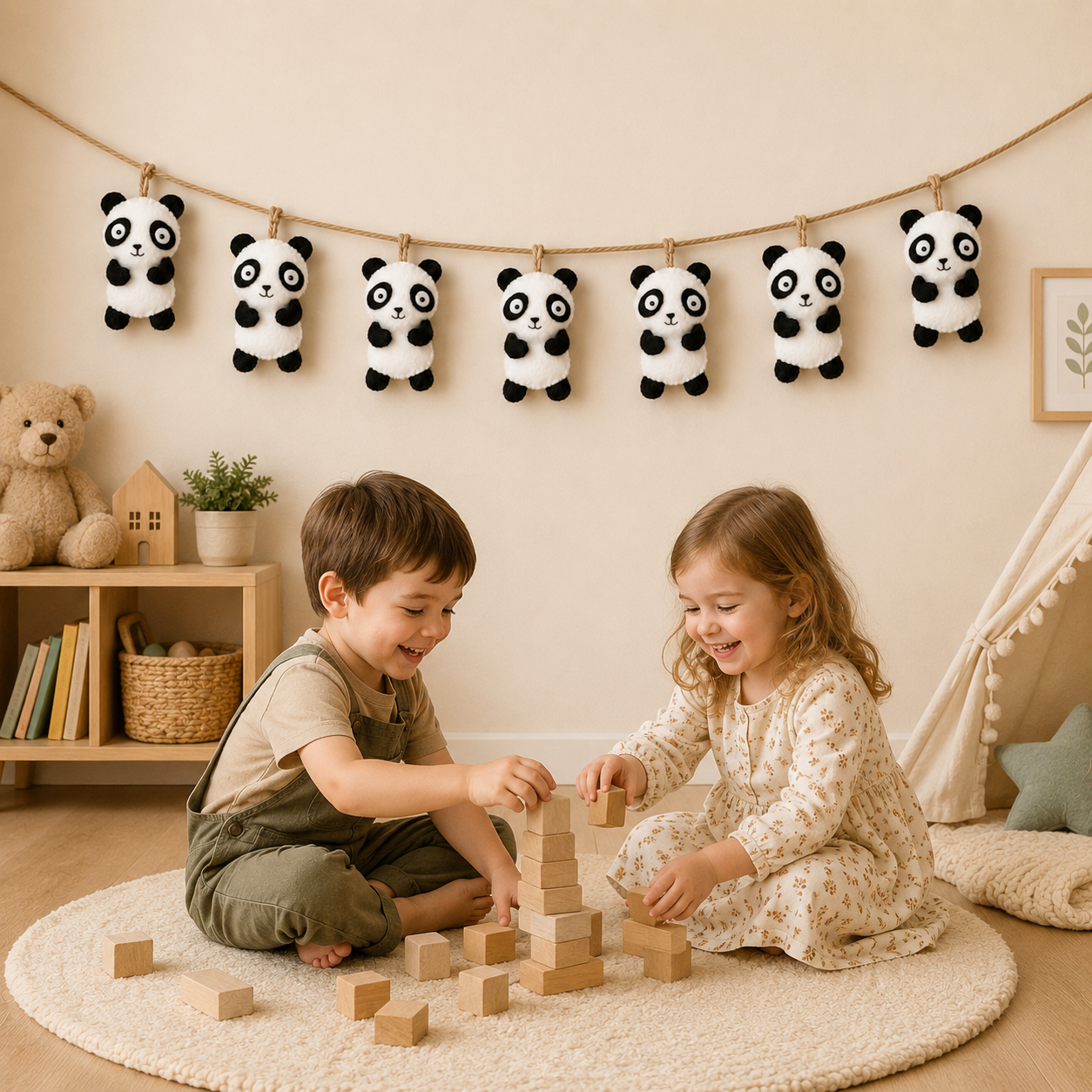 Two children playing with wooden blocks in a room decorated with panda-themed decorations.