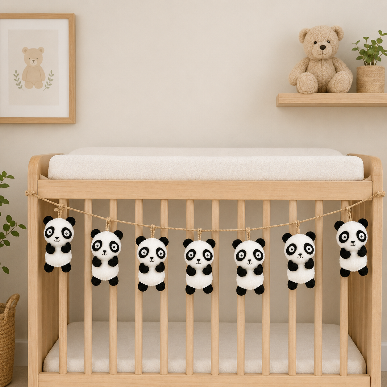Wooden crib with panda-themed decorations in a nursery setting.