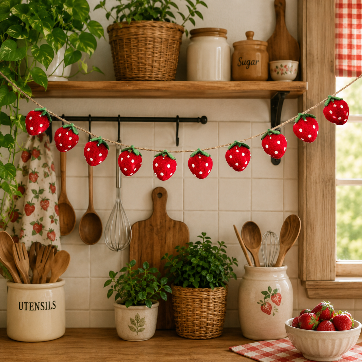 Kitchen with strawberry-themed decorations and utensils