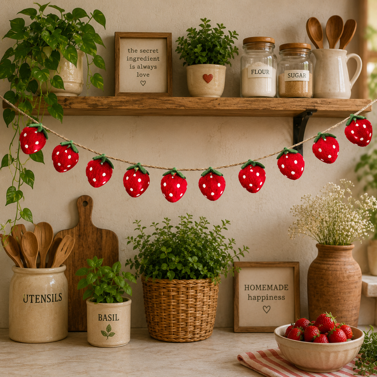 Kitchen interior with decorative strawberry lights, plants, and a shelf with jars and a bowl of strawberries.