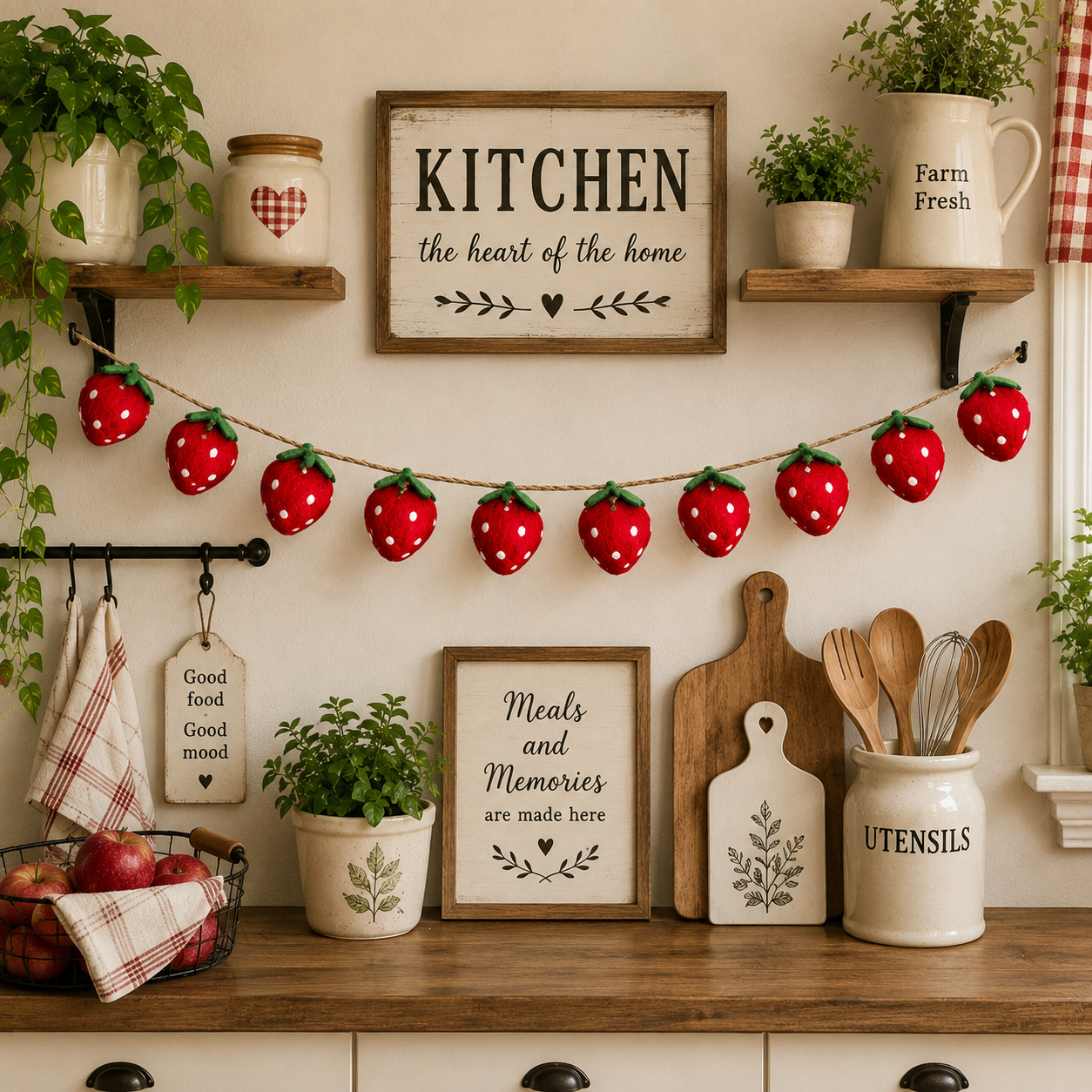 Decorative kitchen wall with shelves, plants, and framed signs.
