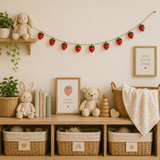 Nursery room with wooden shelf, toys, and decorative elements.