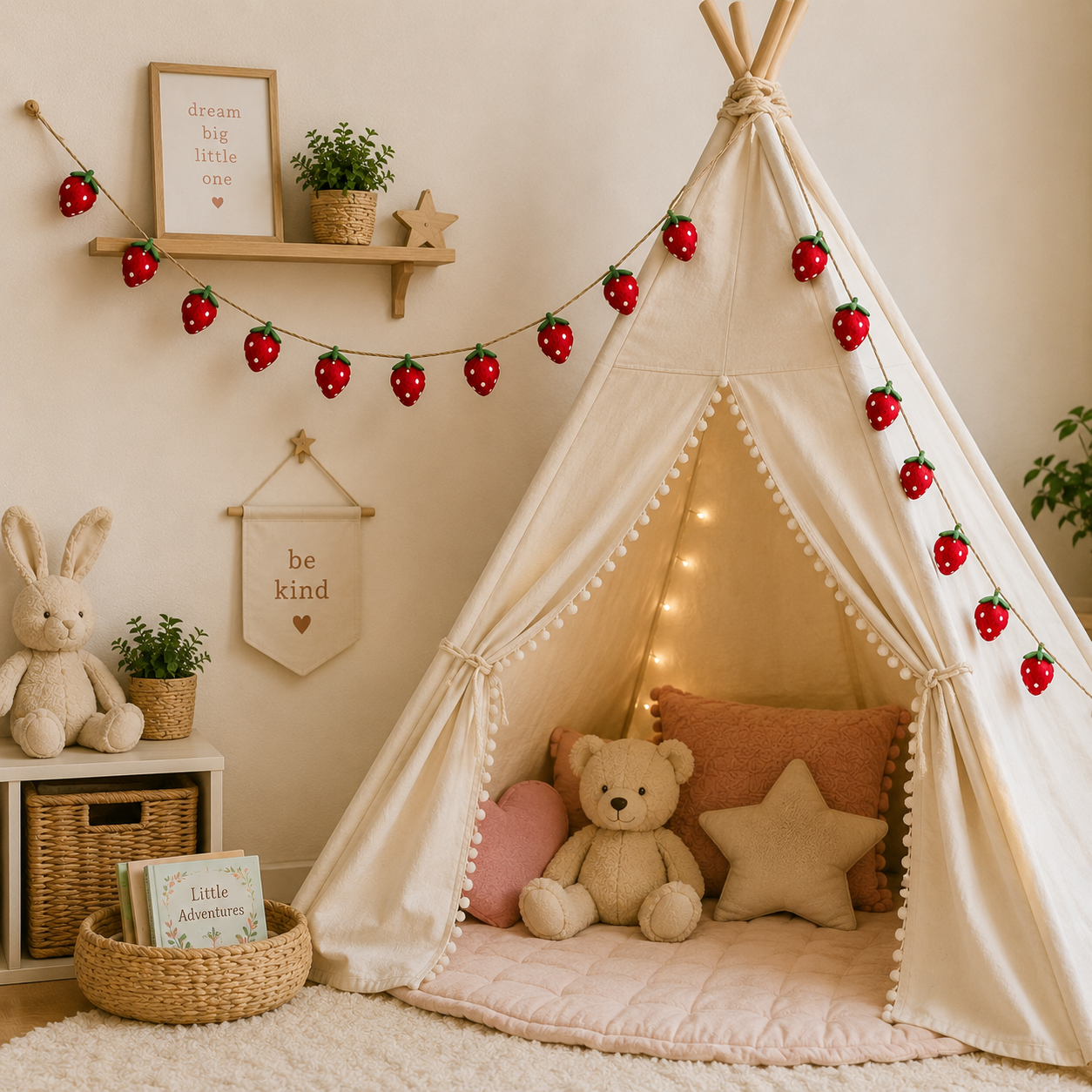 Handmade Felt Strawberry Garland | Wool Felt Fruit Banner | Nursery Wall Décor | Kids Room & Party Decoration