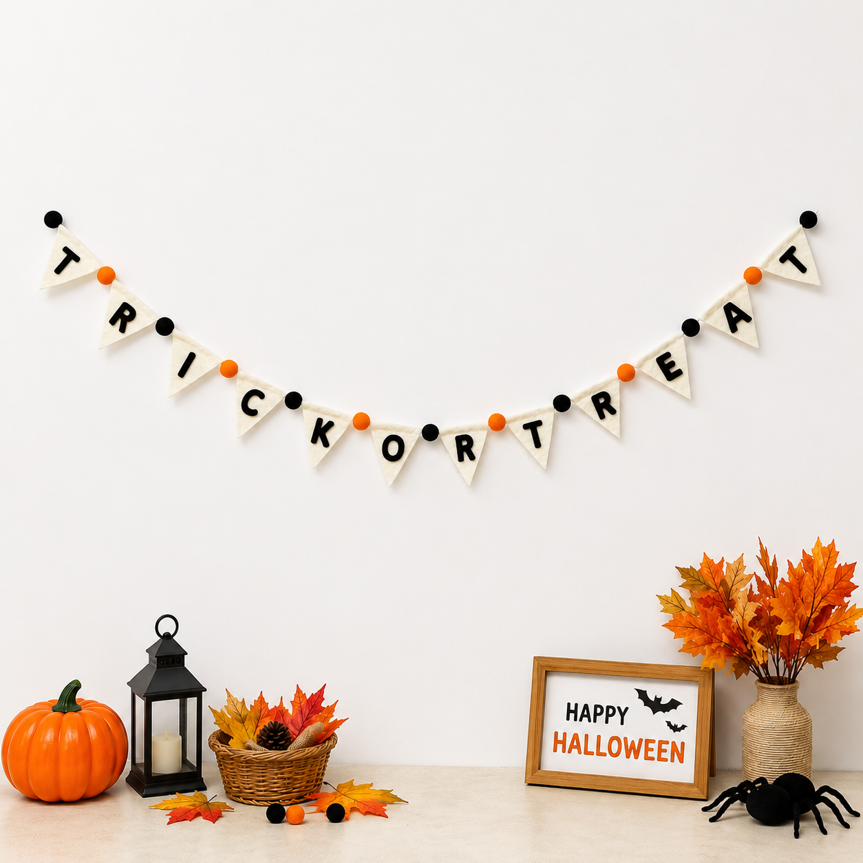 Halloween-themed decor with 'Trick or Treat' banner, pumpkins, and autumn leaves on a white background.