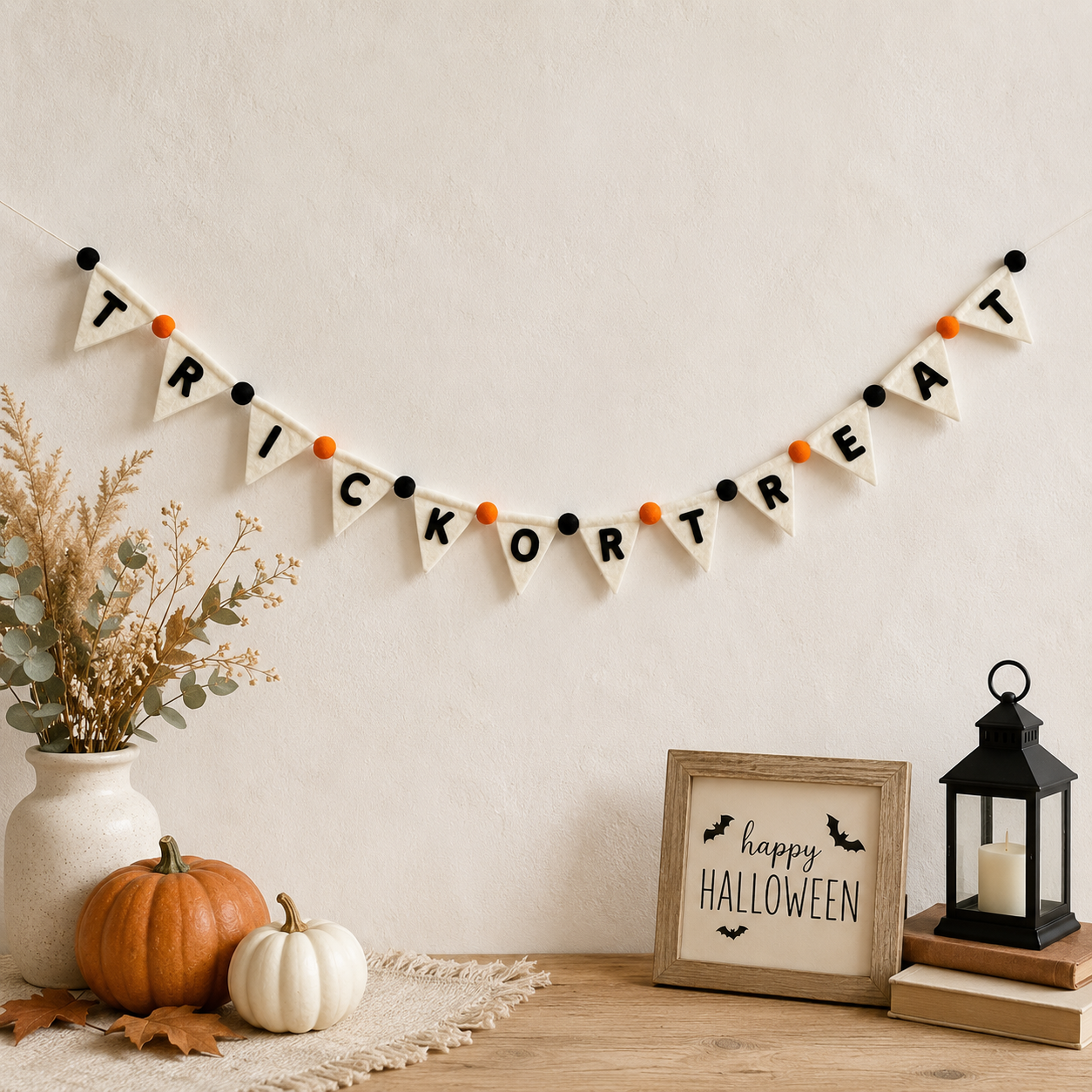 Halloween-themed decor with 'TRICK OR TREAT' banner, pumpkins, and framed sign on a neutral background.