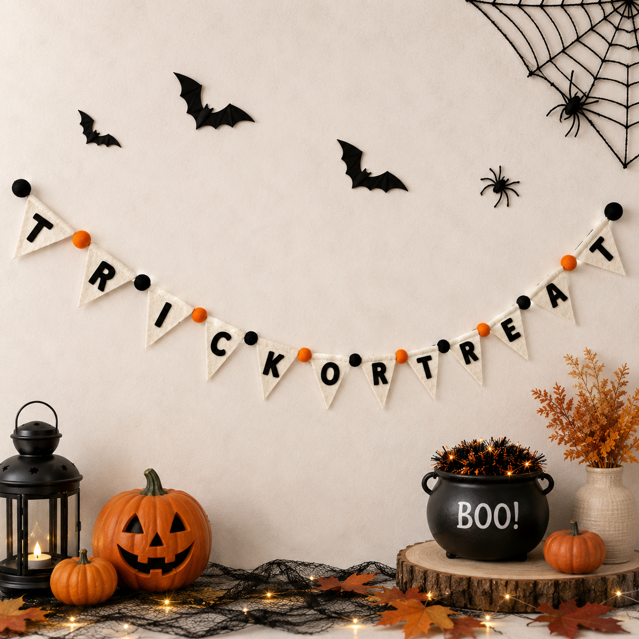 Halloween-themed decorations including pumpkins, a banner, and a cauldron with 'BOO!' on a neutral background.