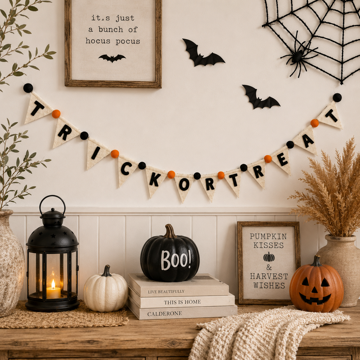 Halloween-themed room decor with 'Trick or Treat' banner, pumpkins, and spider webs.