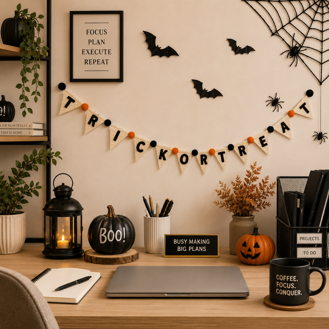 Halloween-themed office desk with decorations, plants, and a laptop.