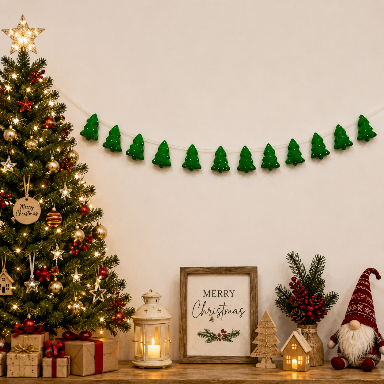 Decorated Christmas tree with lights, ornaments, and a 'Merry Christmas' sign on a wooden shelf.