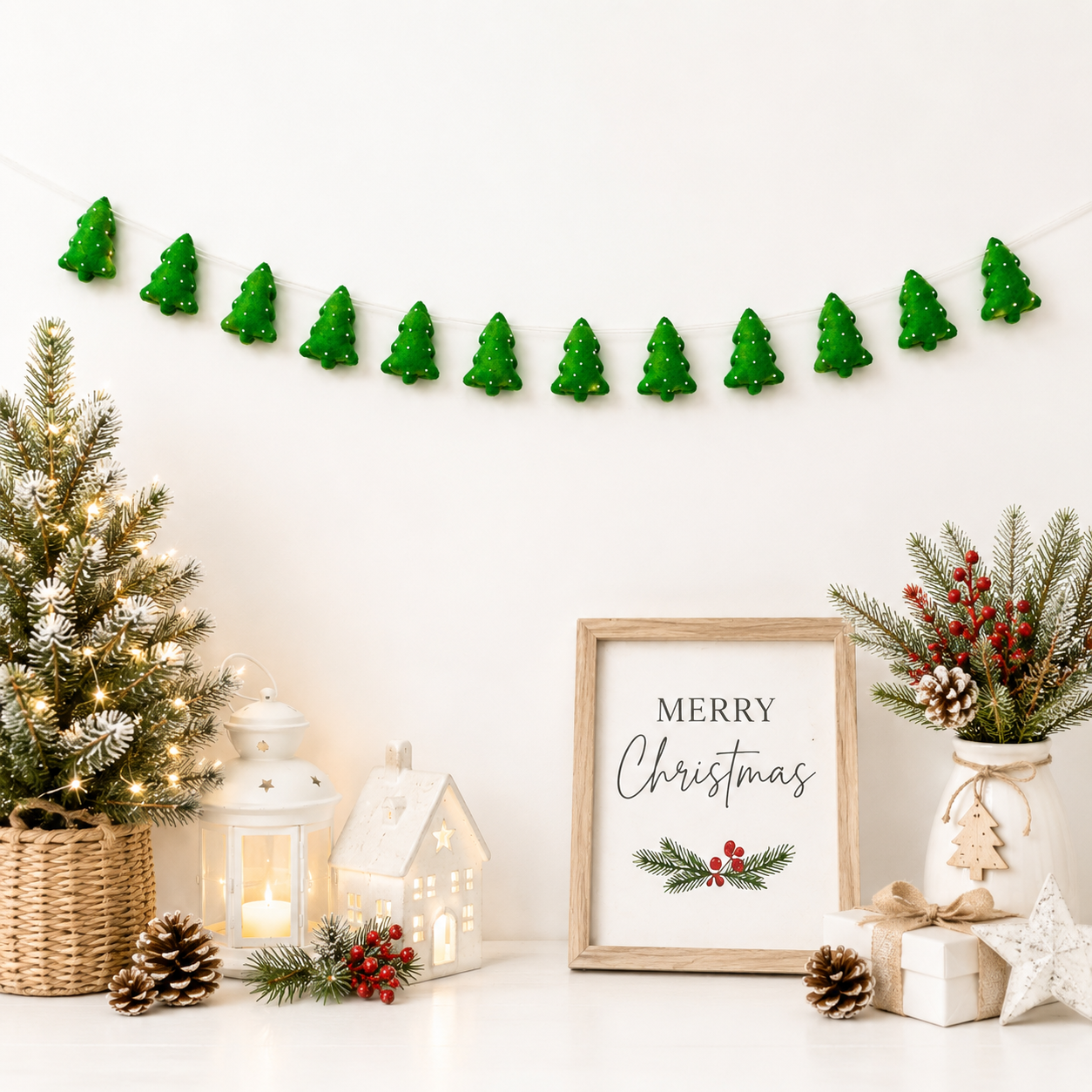 Christmas-themed decor with a small tree, lanterns, and 'Merry Christmas' sign.