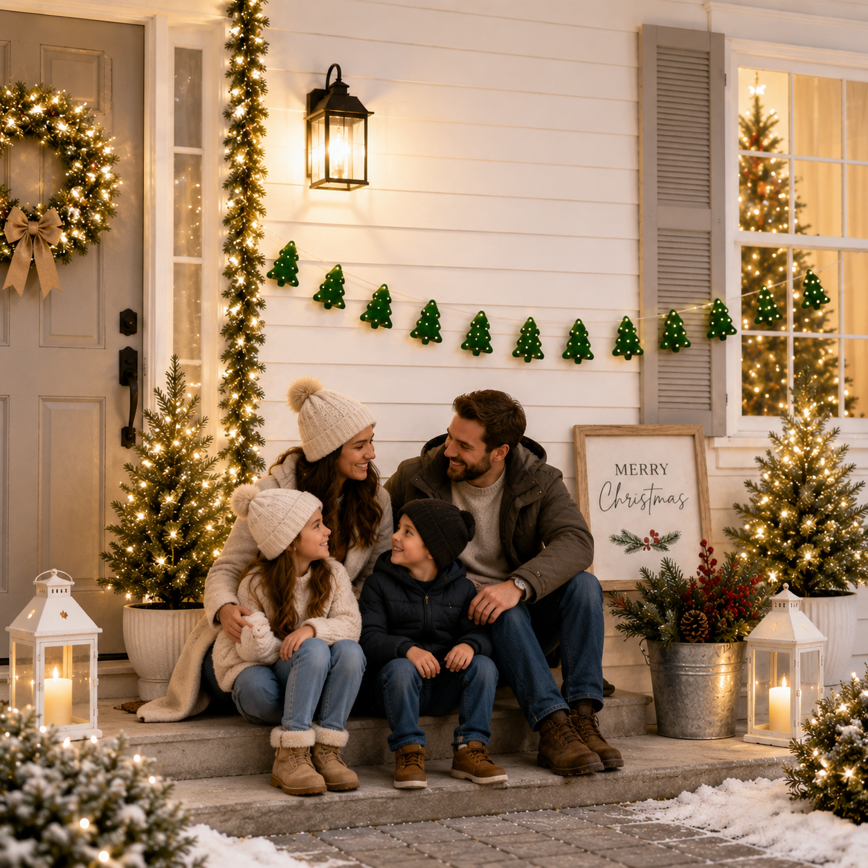 Family sitting on a porch decorated for Christmas with lights and wreaths.