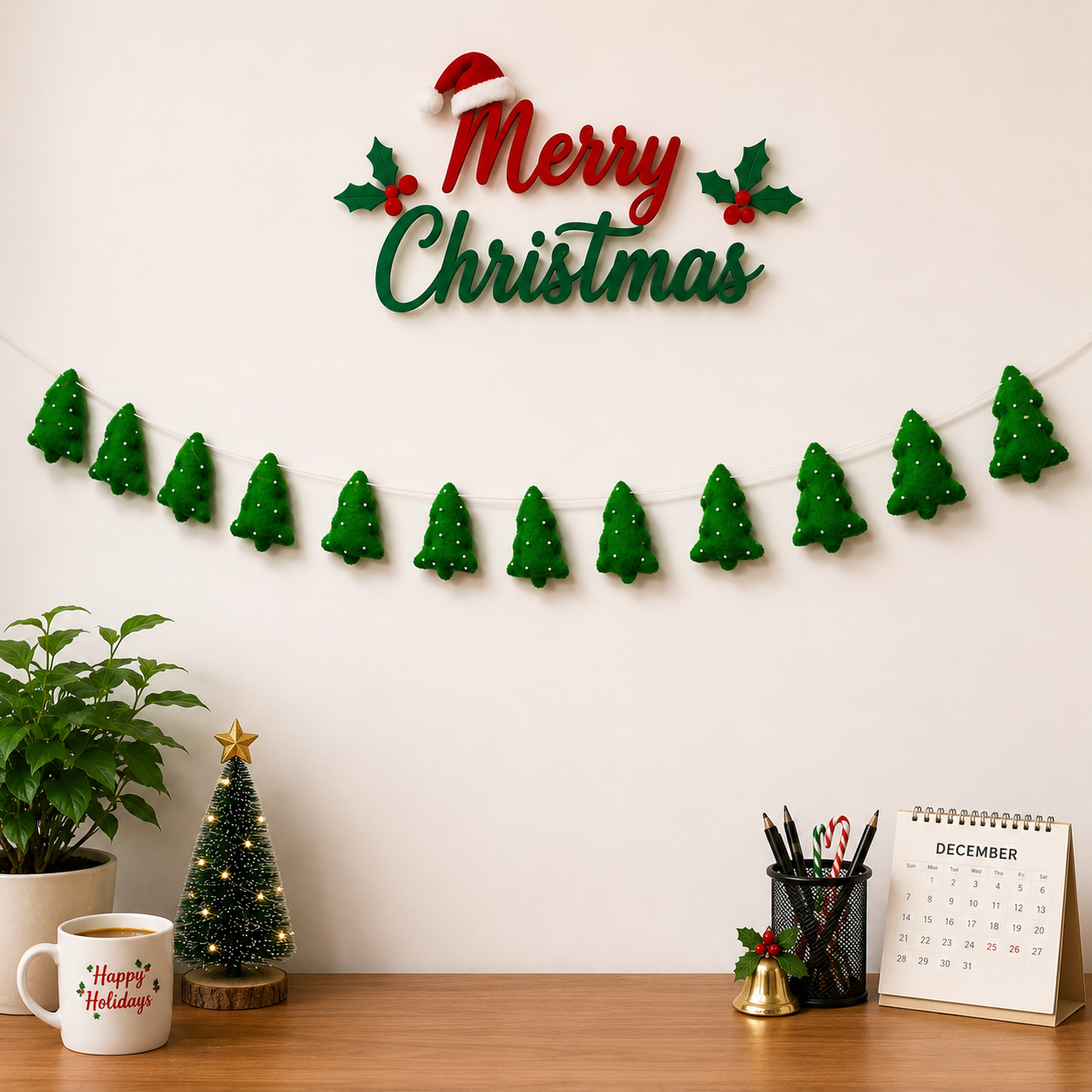 Decorative Christmas sign with 'Merry Christmas' and small green trees on a wall.